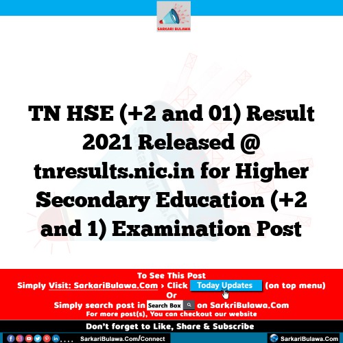 TN HSE (+2 and 01) Result 2021 Released @ tnresults.nic.in for Higher Secondary Education (+2 and 1) Examination Post