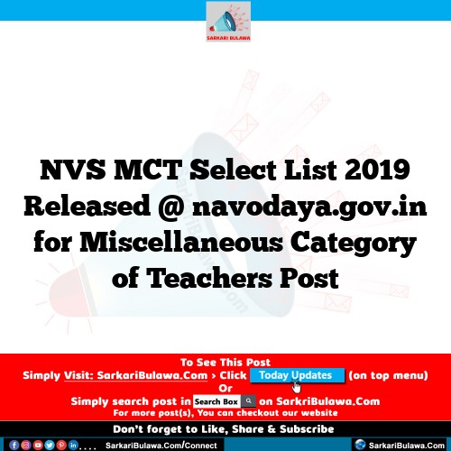 NVS MCT Select List 2019 Released @ navodaya.gov.in for Miscellaneous Category of Teachers Post