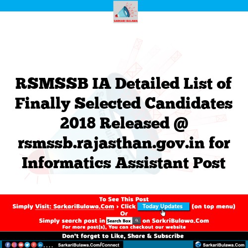 RSMSSB IA Detailed List of Finally Selected Candidates 2018 Released @ rsmssb.rajasthan.gov.in for Informatics Assistant Post