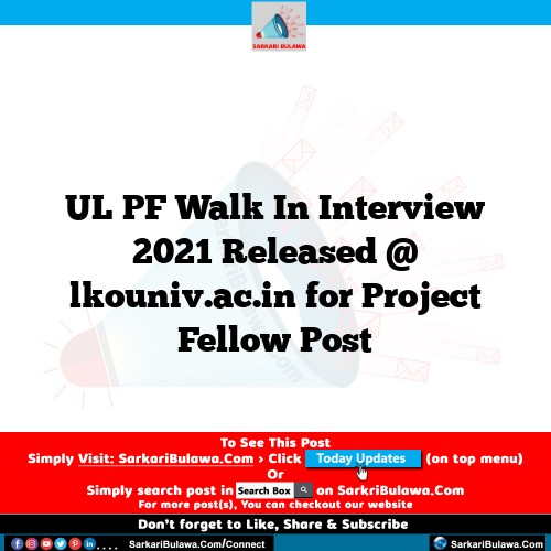 UL PF Walk In Interview 2021 Released @ lkouniv.ac.in for Project Fellow Post