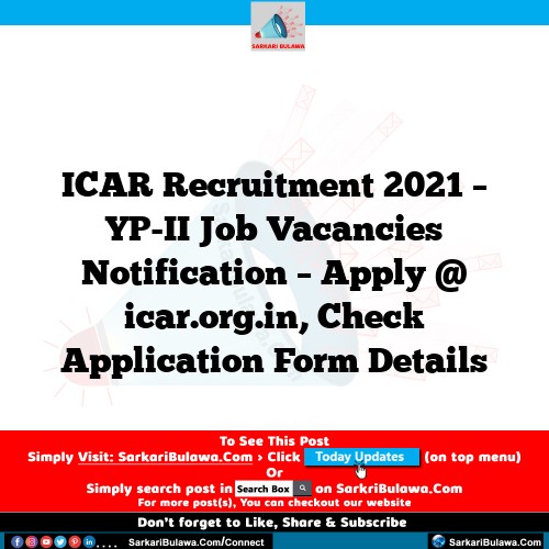 ICAR Recruitment 2021 – YP-II Job Vacancies Notification – Apply @ icar.org.in, Check Application Form Details