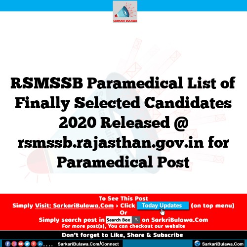 RSMSSB Paramedical List of Finally Selected Candidates 2020 Released @ rsmssb.rajasthan.gov.in for Paramedical Post