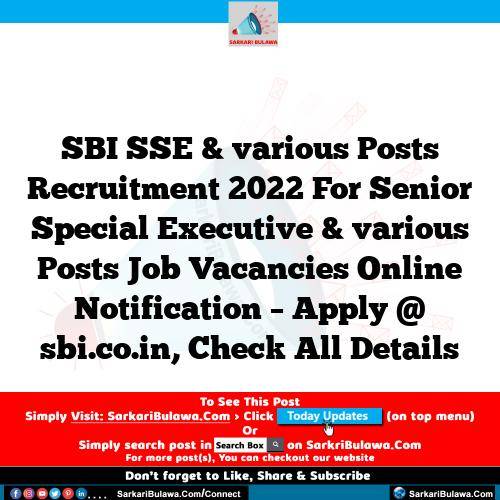 SBI SSE & various Posts Recruitment 2022 For Senior Special Executive & various Posts Job Vacancies Online Notification – Apply @ sbi.co.in, Check All Details