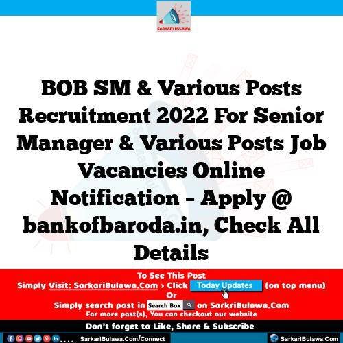 BOB SM & Various Posts Recruitment 2022 For Senior Manager & Various Posts Job Vacancies Online Notification – Apply @ bankofbaroda.in, Check All Details
