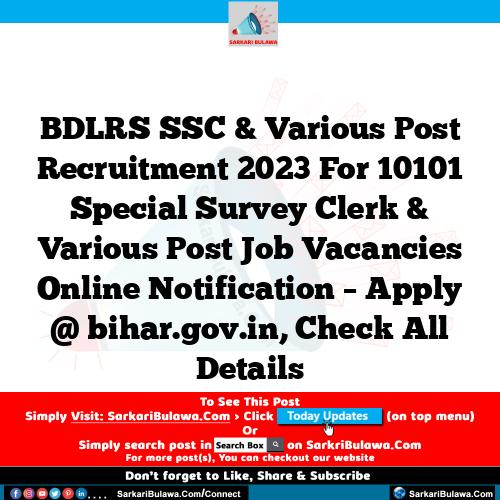 BDLRS SSC & Various Post Recruitment 2023 For 10101 Special Survey Clerk & Various Post Job Vacancies Online Notification – Apply @ bihar.gov.in, Check All Details