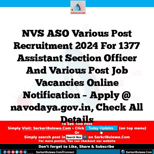 NVS ASO Various Post Recruitment 2024 For 1377 Assistant Section Officer And Various Post Job Vacancies Online Notification – Apply @ navodaya.gov.in, Check All Details